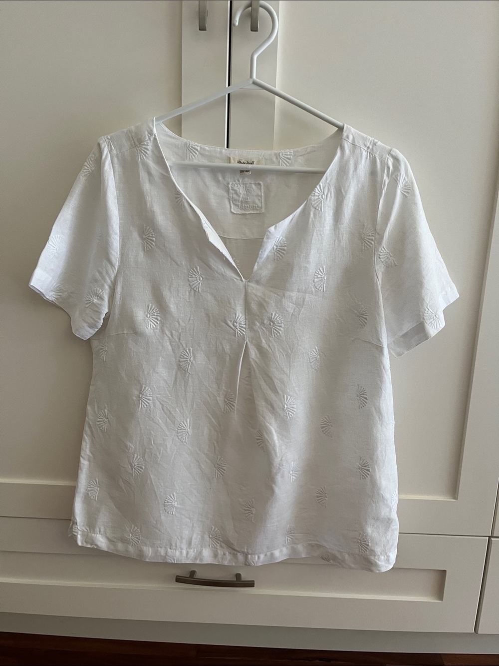 White Stuff Embroidered Split-Neck Short Sleeve Linen Blouse